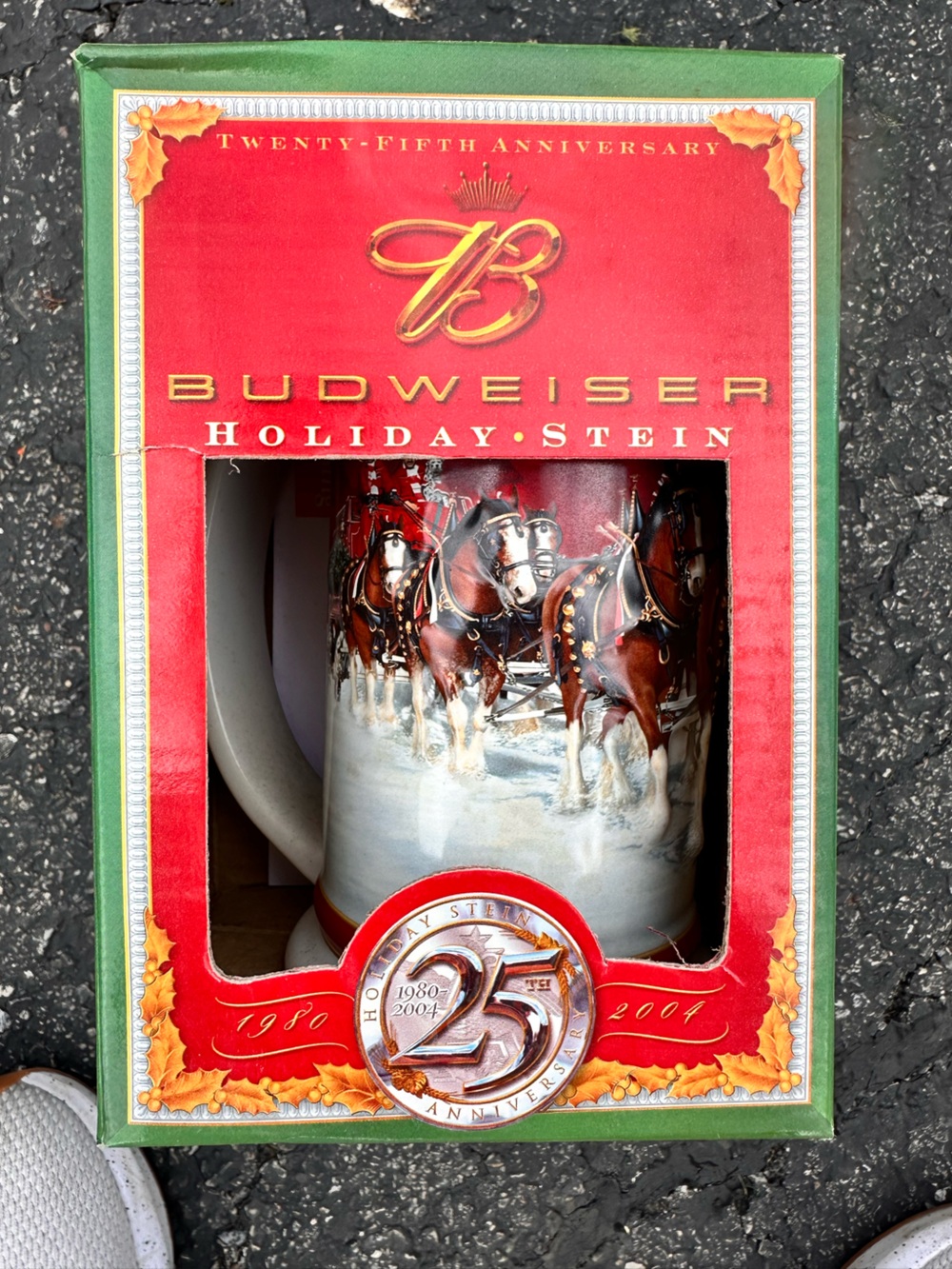 Budweiser Red Holiday Stein with Brown Clydesdale Team Artwork